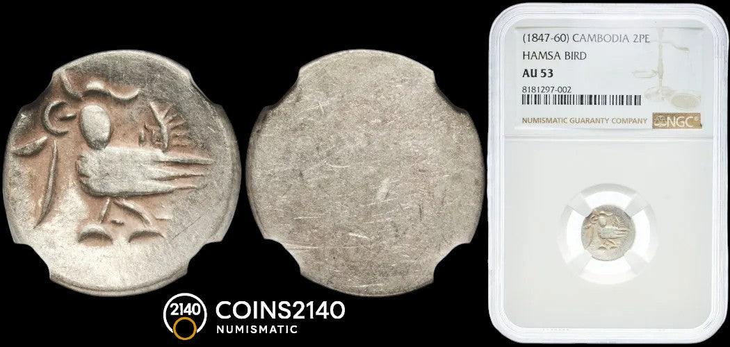 Camboya. (1847-60). 2PE. Hams Bird. NGC AU53.