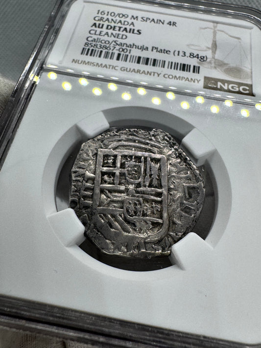 Felipe III (1598-1621). 4 reales. 1610/09. Granada. M. (Cal-727 Mismo Ejemplar). (Jarabo-Sanahuja-B26 Mismo Ejemplar). Ag. 13,84g. NGC AU Details (Cleaned).