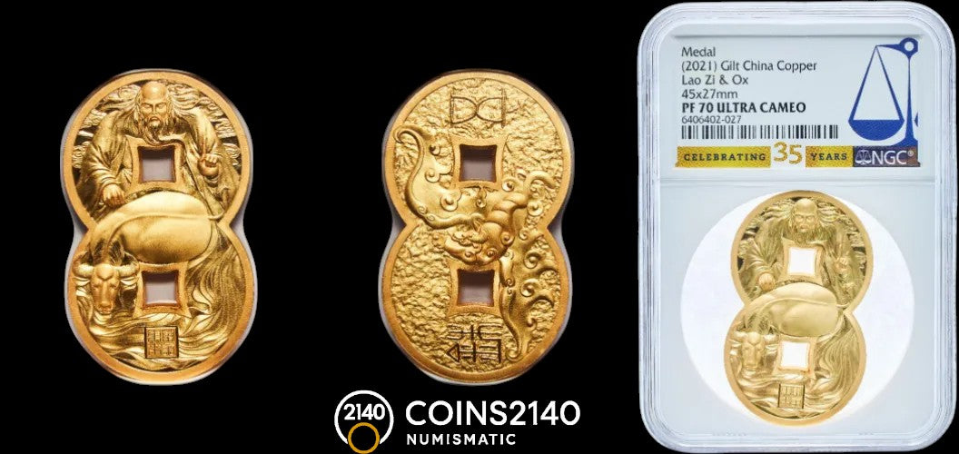 China. 2021. Token. Gilt China Copper. Lao Zi & Ox. NGC PF70 Ultra Cameo.
