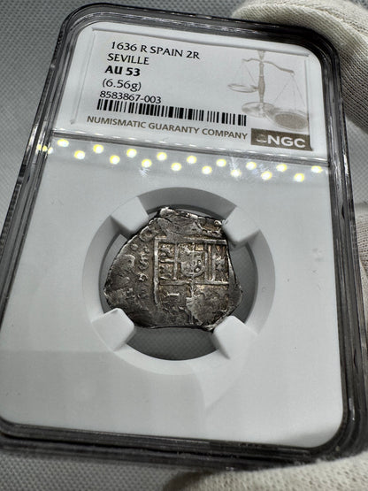 [NGC TOP POP] Felipe IV (1621-1665). 2 reales. 1636. Sevilla. R. (Cal-977). (Jarabo-Sanahuja-UNcat). Ag. 6,56g. NGC AU53.