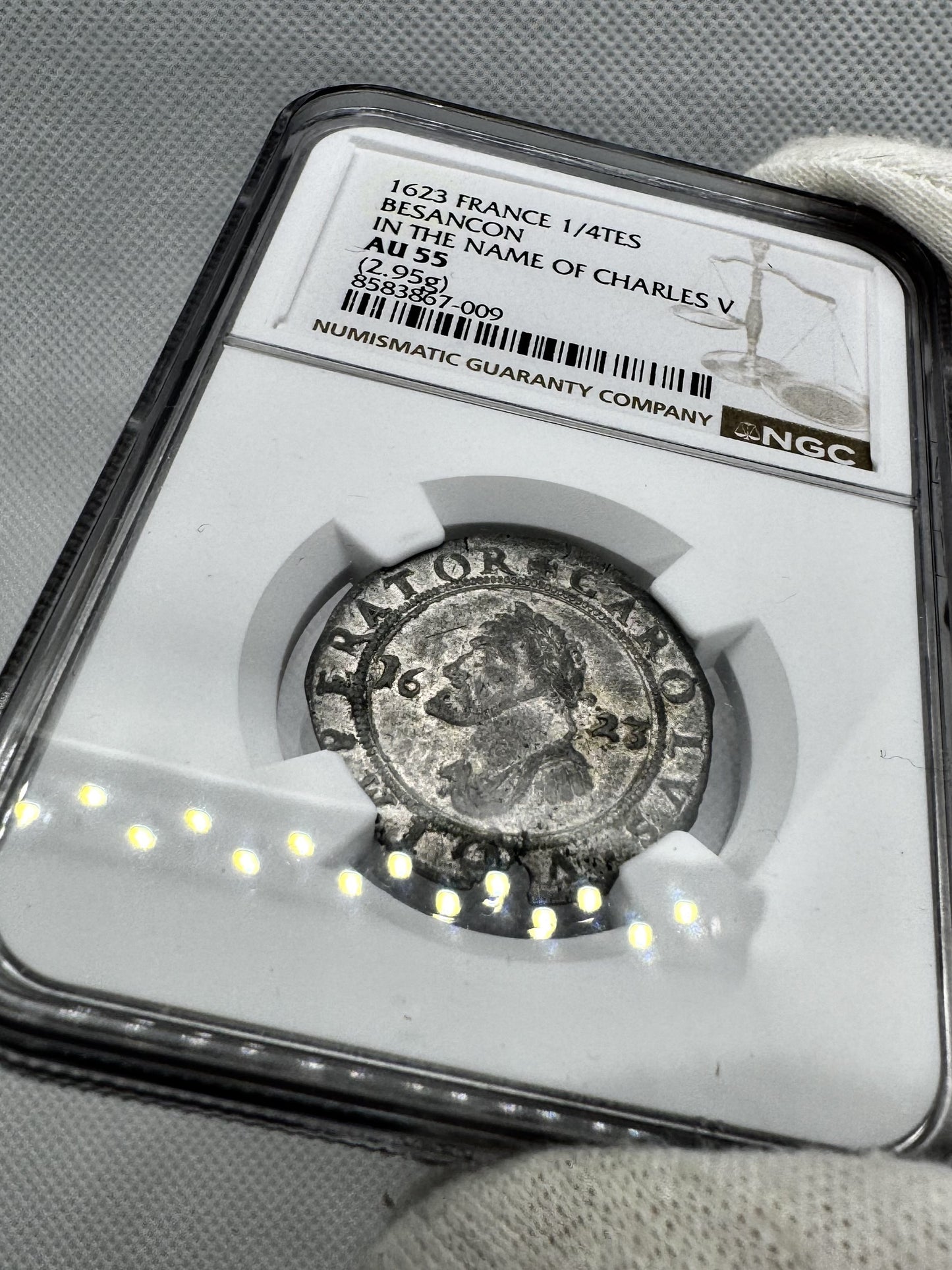 [NGC TOP POP] Felipe IV (1621-1665). 1/4 testón (doble gros). 1623. Besançon. (Tauler-3000). (Vti-1644). Vellón. 2,95g. NGC AU55.