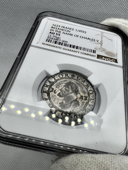 [NGC TOP POP] Felipe IV (1621-1665). 1/4 testón (doble gros). 1623. Besançon. (Tauler-3000). (Vti-1644). Vellón. 2,95g. NGC AU55.