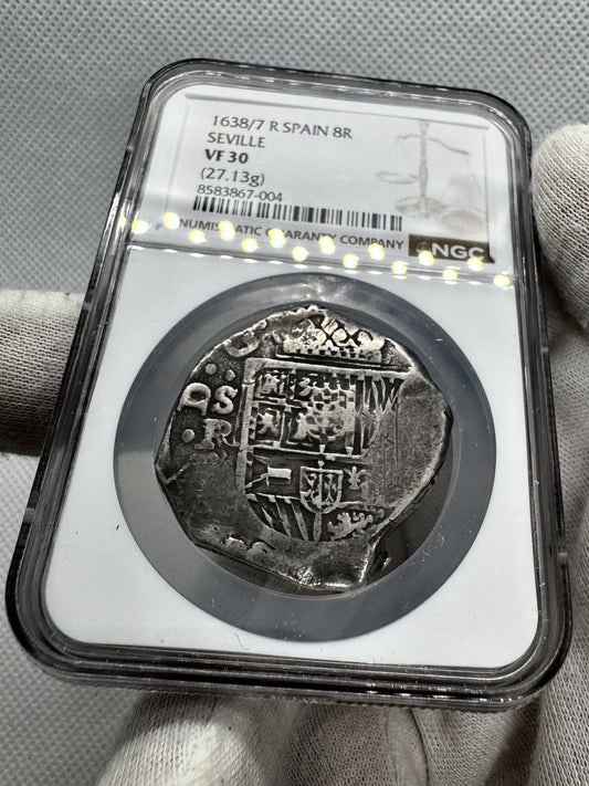 [NGC TOP POP] Felipe IV (1621-1665). 8 reales. 1638/7. Sevilla. R. (Cal-1651). (Jarabo-Sanahuja-C513). Ag. 27,13g. NGC VF30.