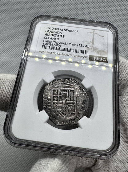 Felipe III (1598-1621). 4 reales. 1610/09. Granada. M. (Cal-727 Mismo Ejemplar). (Jarabo-Sanahuja-B26 Mismo Ejemplar). Ag. 13,84g. NGC AU Details (Cleaned).