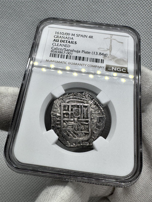 Felipe III (1598-1621). 4 reales. 1610/09. Granada. M. (Cal-727 Mismo Ejemplar). (Jarabo-Sanahuja-B26 Mismo Ejemplar). Ag. 13,84g. NGC AU Details (Cleaned).