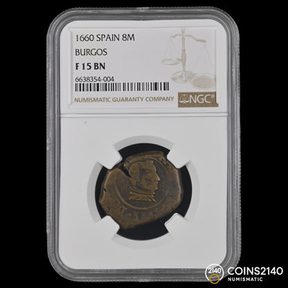 [NGC TOP POP] Felipe IV (1621-1665). 8 maravedís. (1660). Burgos. (AC - 301). (JaraboSanahuja - L01 Plate Coin). 8,14g. NGC F15 BN.