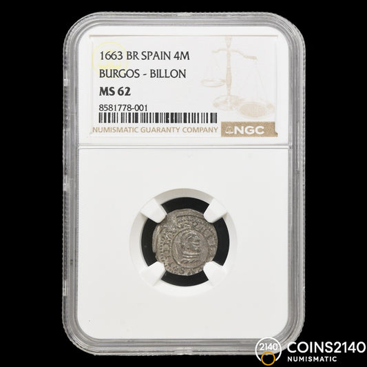 [TOP POP] Felipe IV (1621-1665). 4 maravedís. 1663. Burgos. (AC - 188). (JaraboSanahuja - M33). 1,23g. NGC MS62
