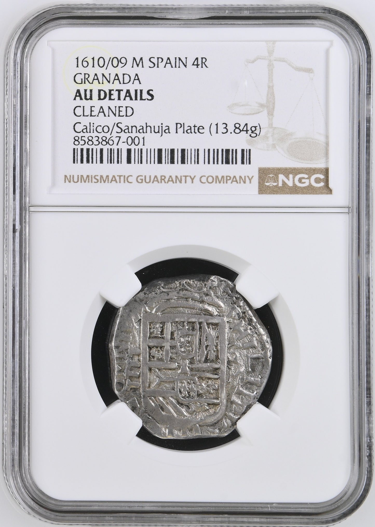 Felipe III (1598-1621). 4 reales. 1610/09. Granada. M. (Cal-727 Mismo Ejemplar). (Jarabo-Sanahuja-B26 Mismo Ejemplar). Ag. 13,84g. NGC AU Details (Cleaned).