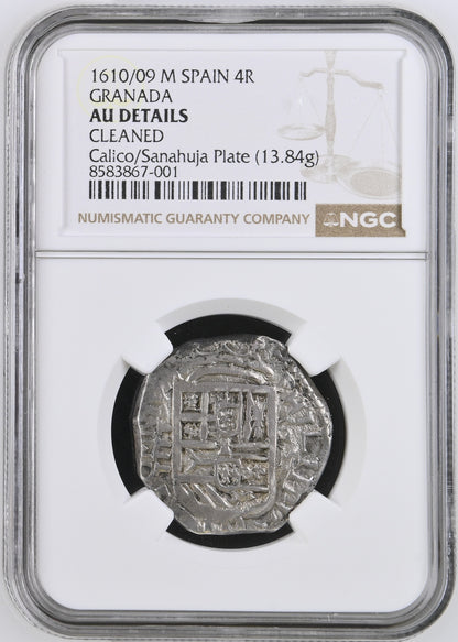 Felipe III (1598-1621). 4 reales. 1610/09. Granada. M. (Cal-727 Mismo Ejemplar). (Jarabo-Sanahuja-B26 Mismo Ejemplar). Ag. 13,84g. NGC AU Details (Cleaned).