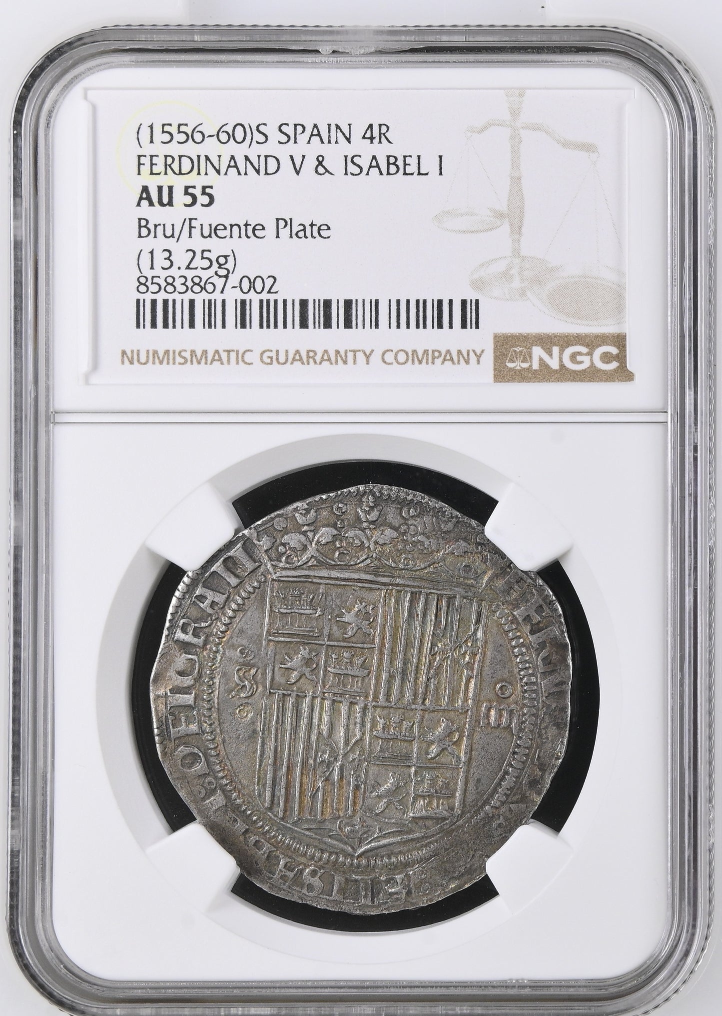 [NGC TOP POP] Reyes Católicos (1474-1504). 4 reales. (1556-1560). Sevilla. Estrella. (Cal-561). Ag. 13,25g. NGC AU55.