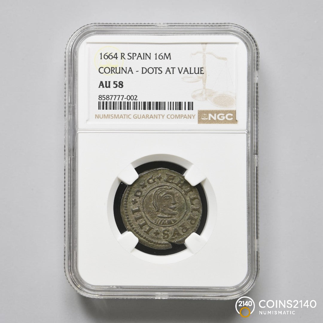 [NGC TOP POP] Felipe IV (1621-1665). 16 maravedís. 1664. Coruña. (AC-320). (Jarabo-Sanahuja-M132). NGC AU58