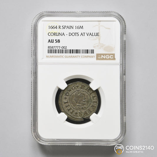 [NGC TOP POP] Felipe IV (1621-1665). 16 maravedís. 1664. Coruña. (AC-320). (Jarabo-Sanahuja-M132). NGC AU58