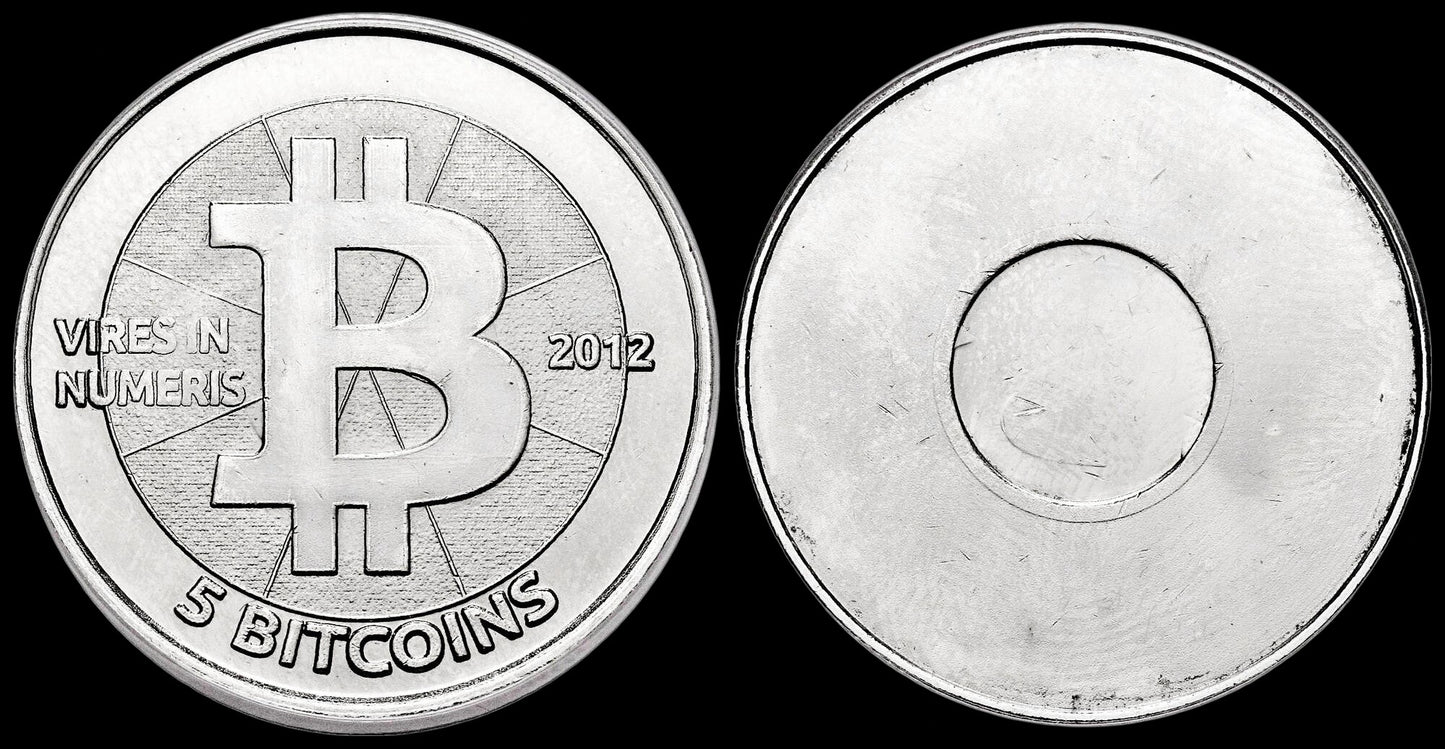 2012 Casascius “Bitnickel” • 5 Bitcoin • sin holograma, sin fondos • ANACS MS-65